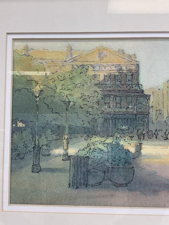 Vintage New Orleans Watercolor Painting – Jackson Square French Quarter Scene – Signed Butler – Ornate Gold Gilt Frame – 1930s–1960s