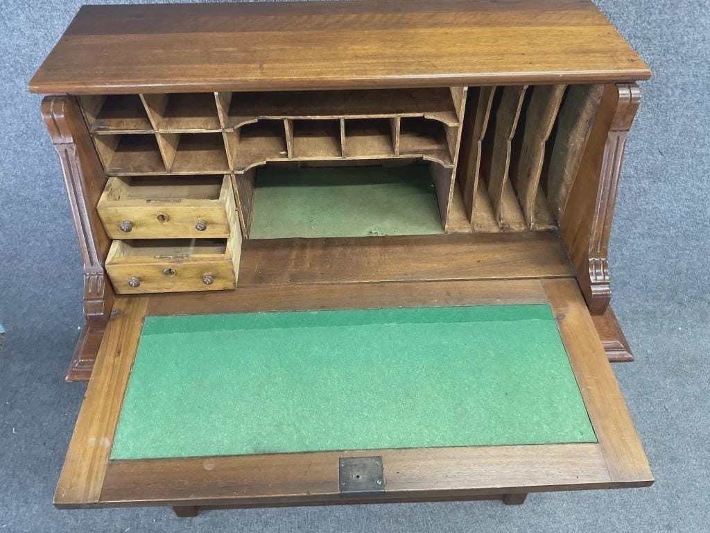 Antique Mid-19th Century Walnut Secretary Desk – 1850s–1860s Fall Front Writing Desk – Burl Walnut Victorian Bureau