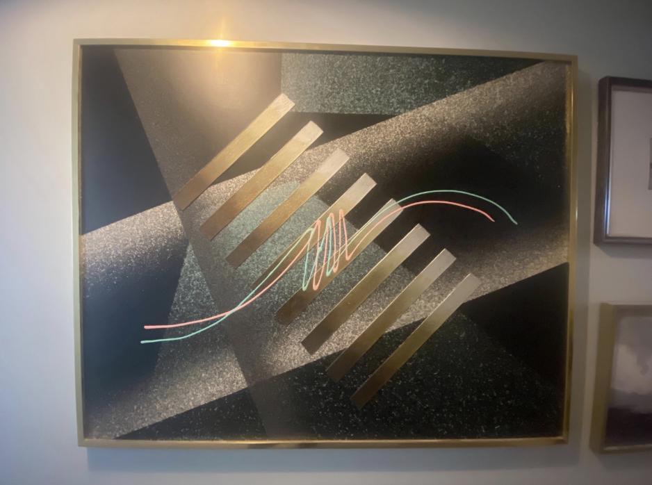 Vintage Abstract Painting in Brass Frame - Oversize Postmodern Geometric Abstract - Oil on Canvas