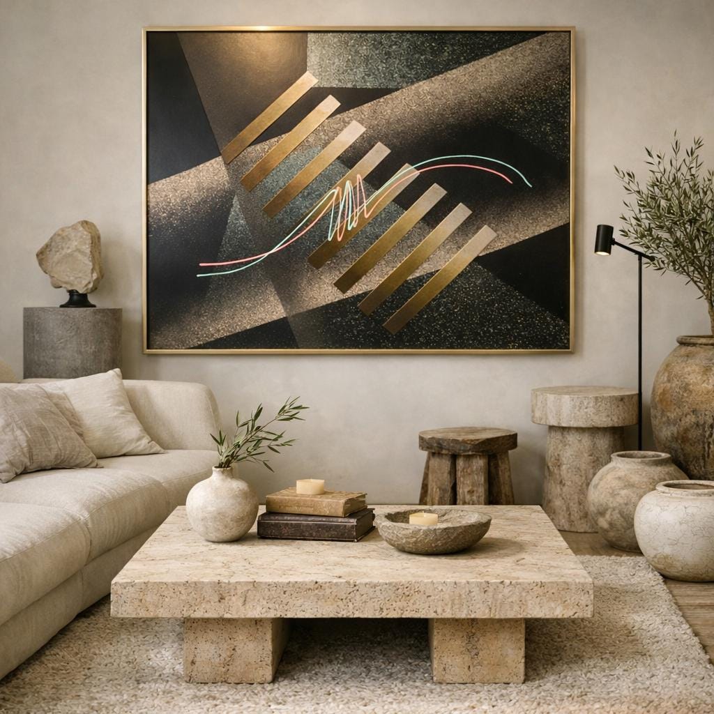 Vintage Abstract Painting in Brass Frame - Oversize Postmodern Geometric Abstract - Oil on Canvas