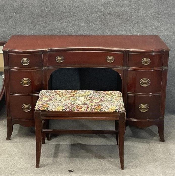 Antique Serpentine Mahogany Vanity Set | Includes Floral Bench
