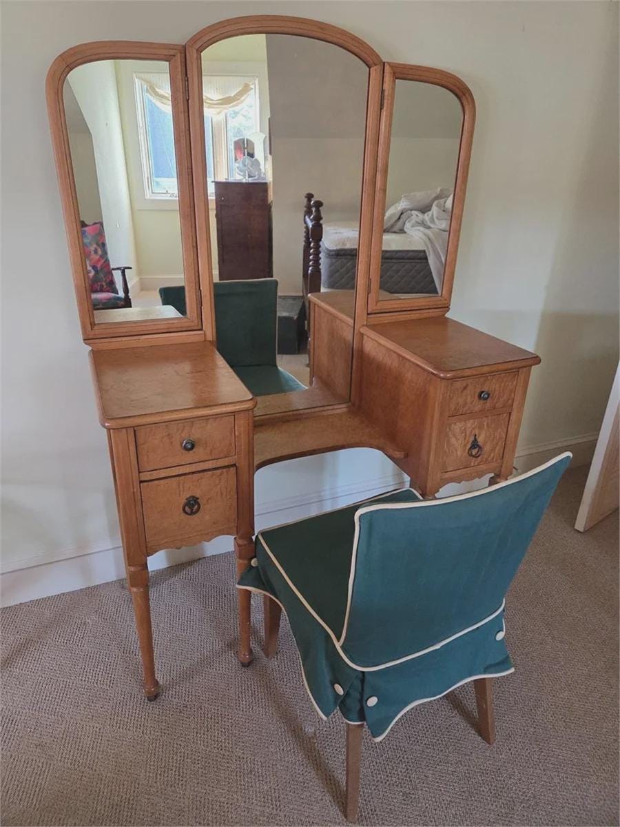 1920s Antique Vanity with Tri Fold Mirror and Chair, Burl Wood Dressing Table, Antique Bedroom Vanity, Early Art Deco Furniture