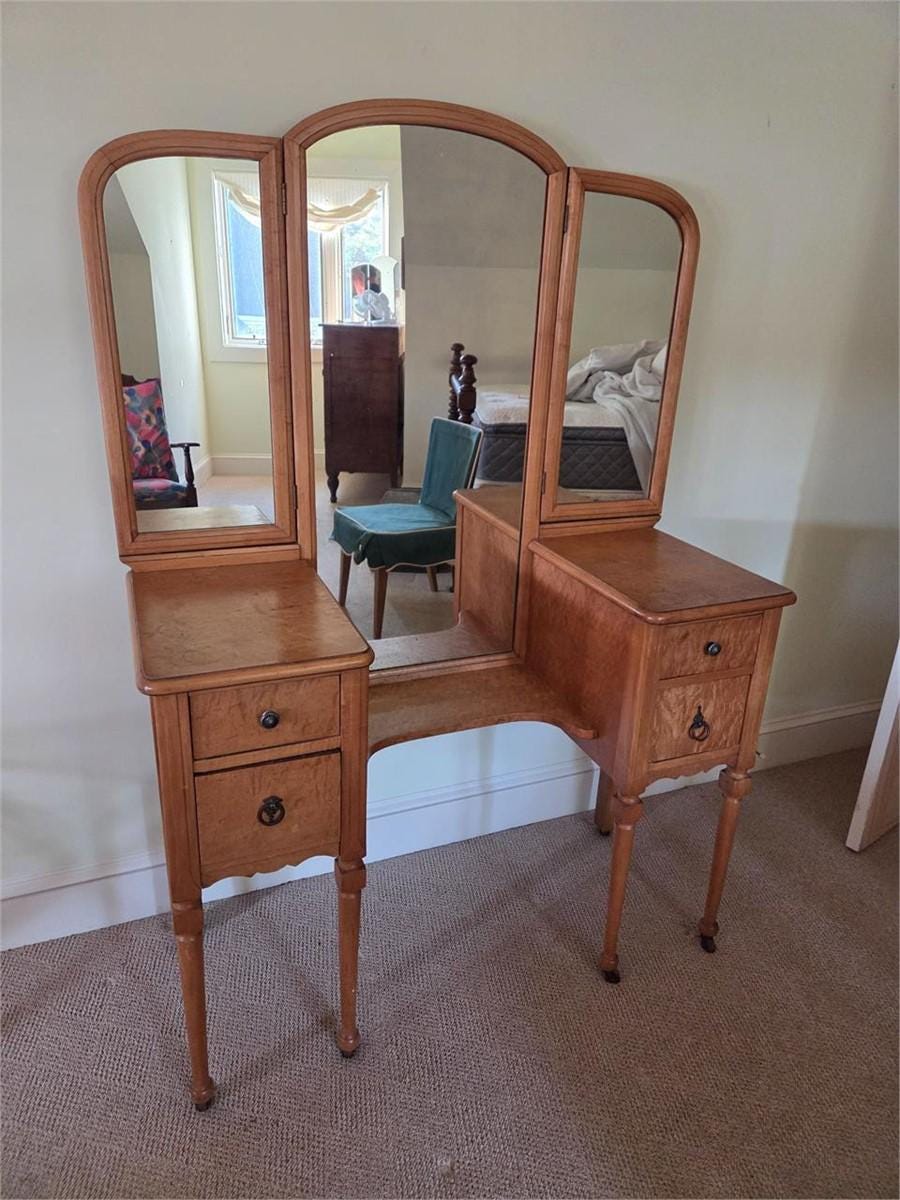 1920s Antique Vanity with Tri Fold Mirror and Chair, Burl Wood Dressing Table, Antique Bedroom Vanity, Early Art Deco Furniture