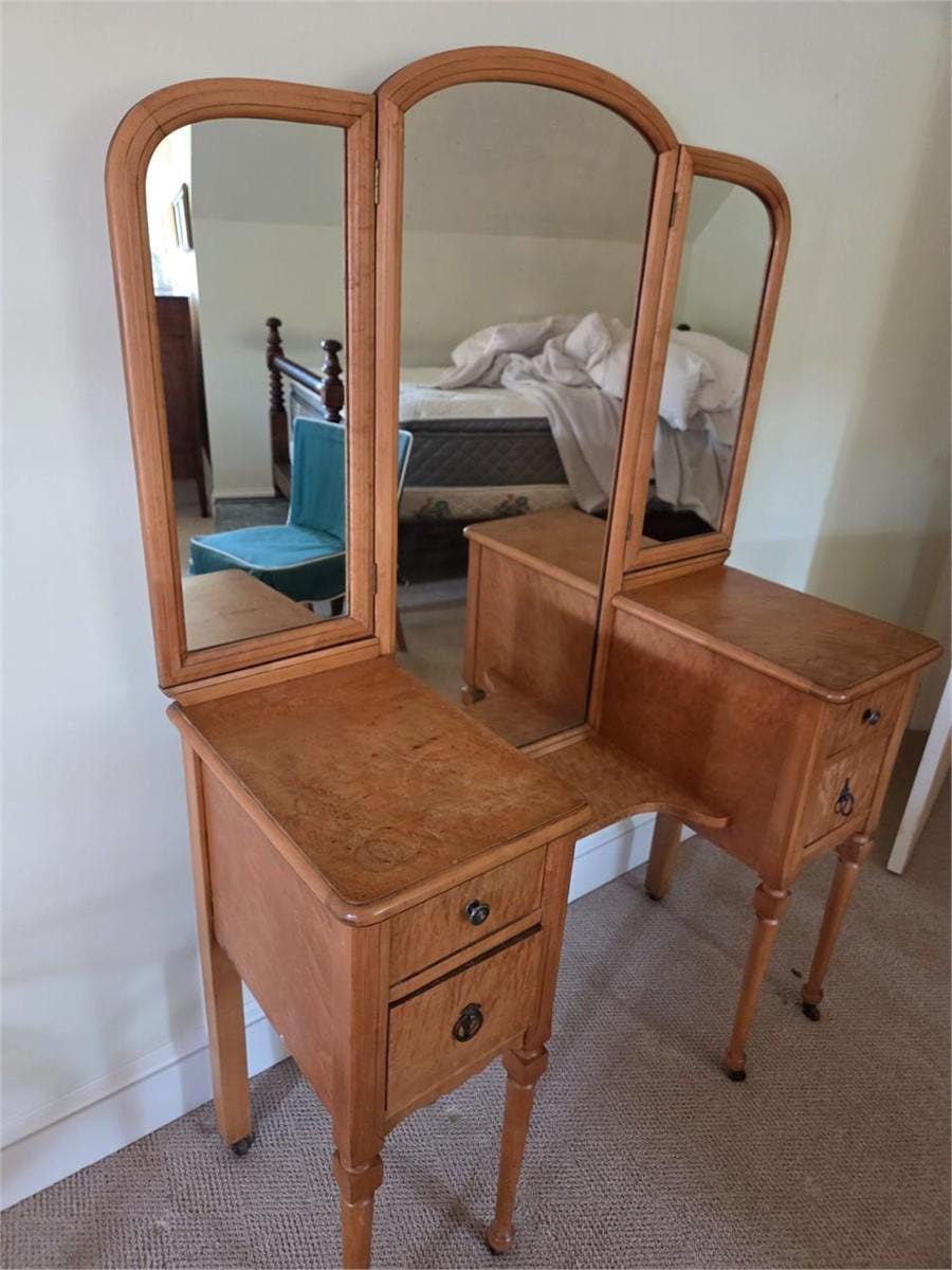 1920s Antique Vanity with Tri Fold Mirror and Chair, Burl Wood Dressing Table, Antique Bedroom Vanity, Early Art Deco Furniture