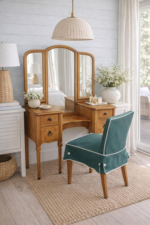 1920s Antique Vanity with Tri Fold Mirror and Chair, Burl Wood Dressing Table, Antique Bedroom Vanity, Early Art Deco Furniture