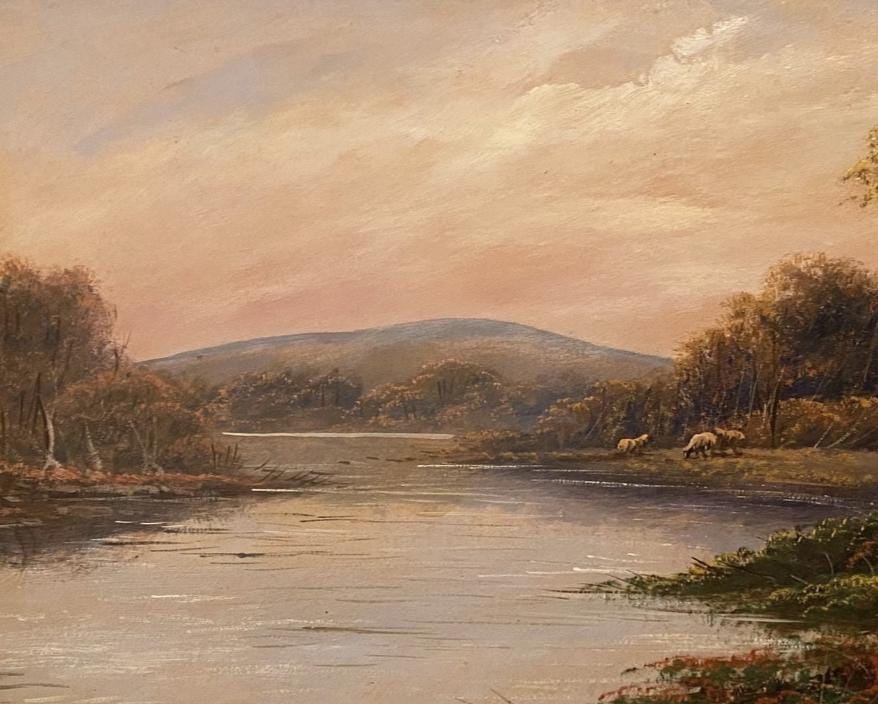 Antique English Landscape Oil Painting | Thomas Wood River Scene, Victorian Gilt Frame
