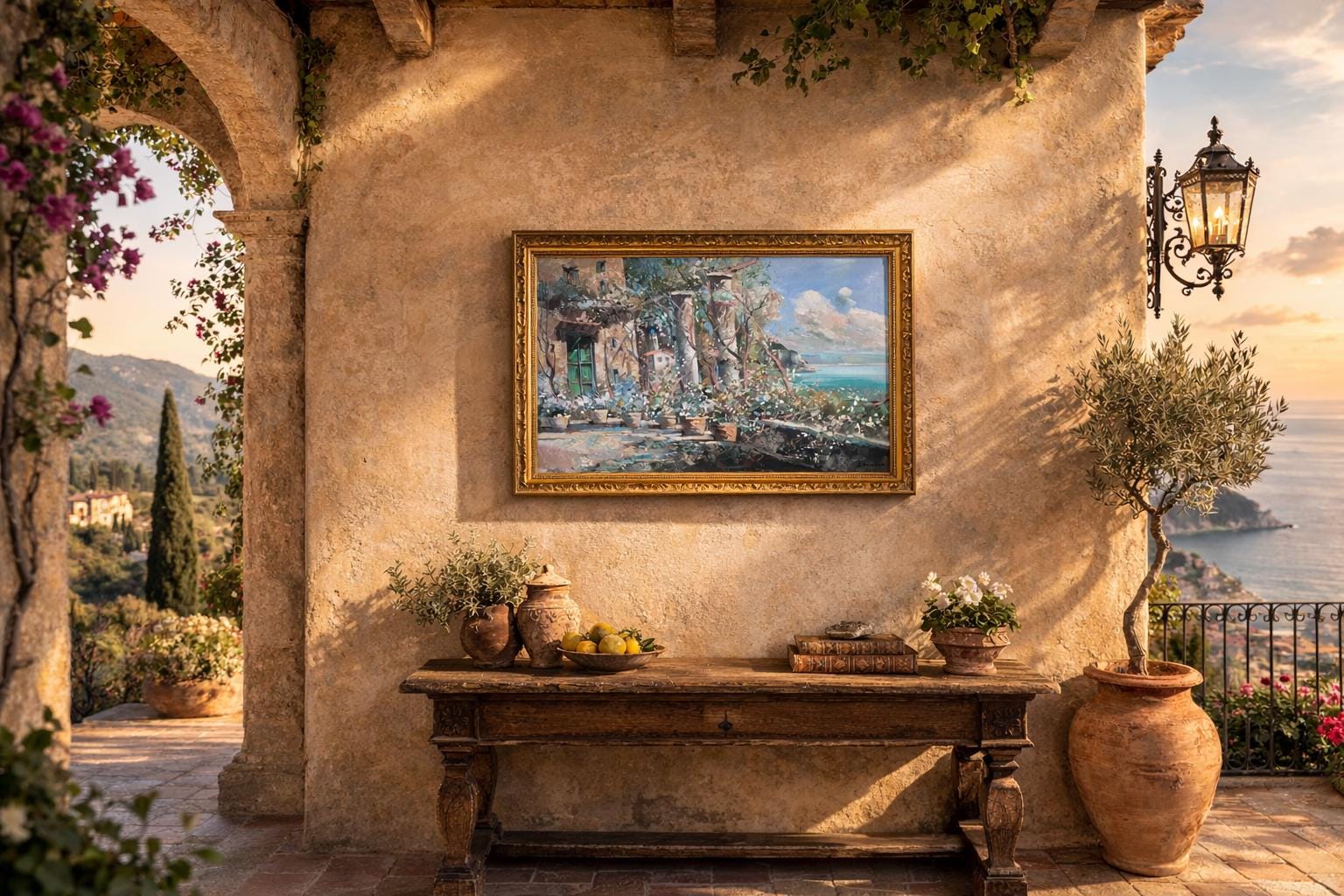 Vintage Italian Riviera Oil Painting, Mediterranean Seascape, Gold Frame, 36x48