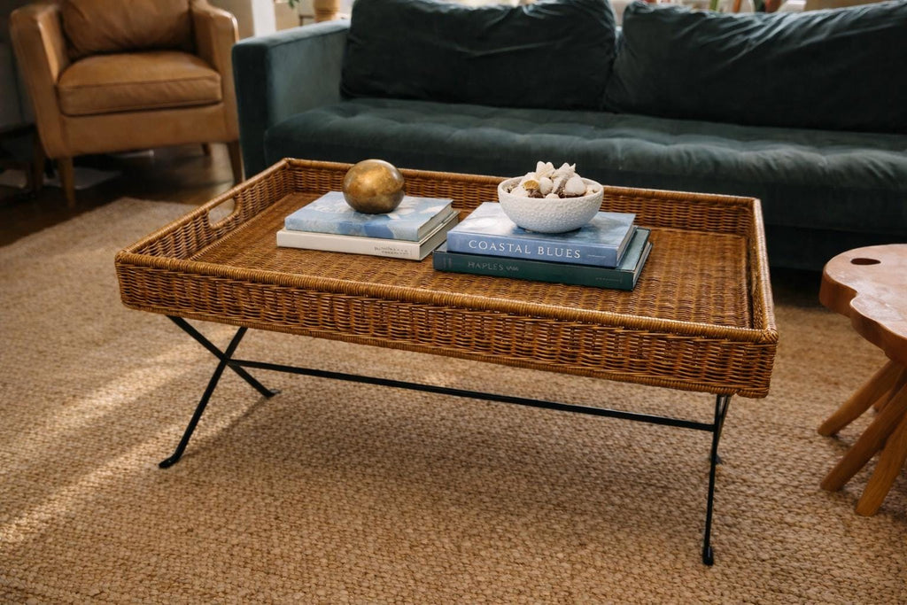 Vintage Rattan Butler Tray Coffee Table | Folding Iron Base, Coastal Style