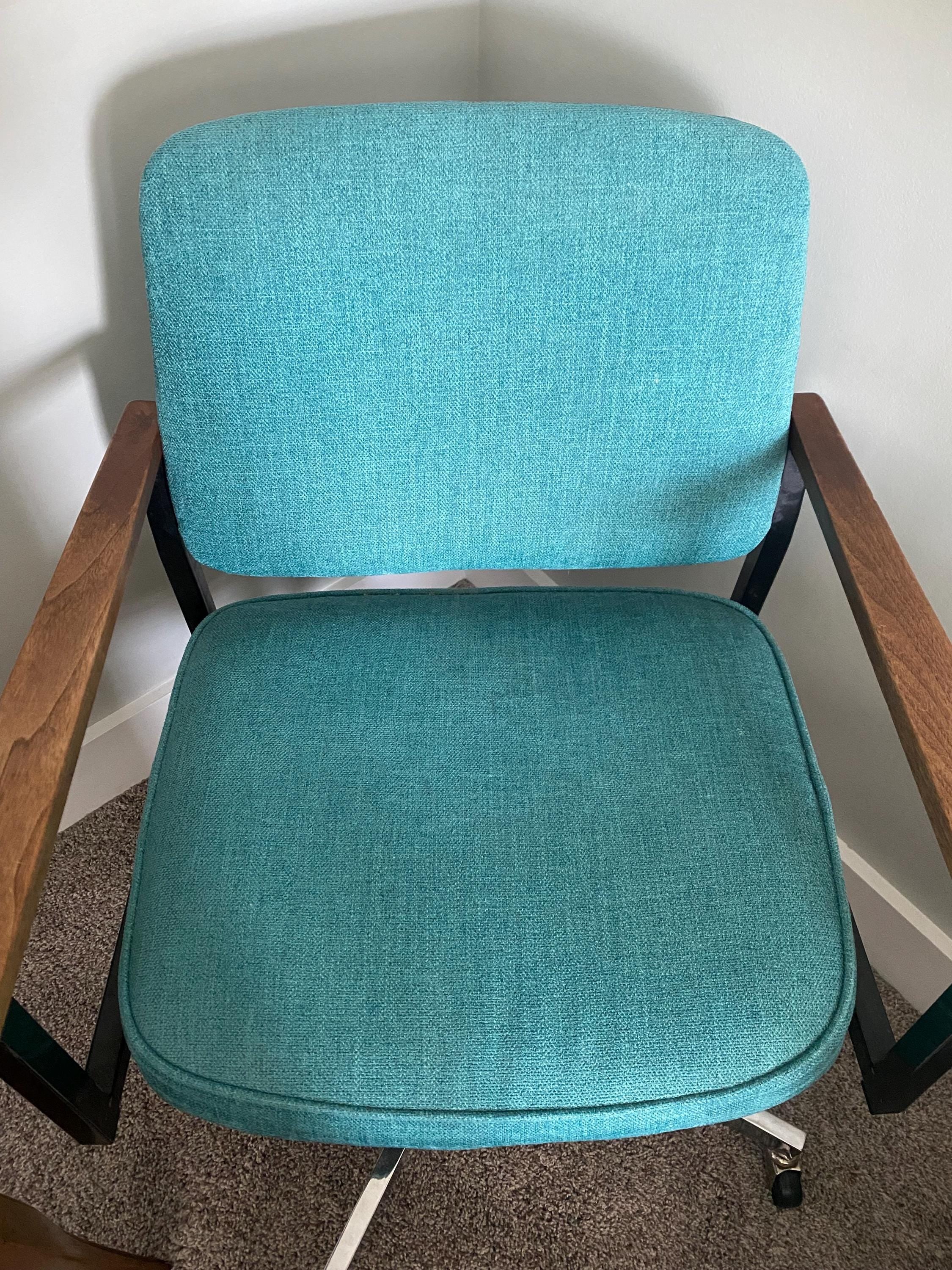 Vintage Mid Century Office Chair – Teal Tweed, Walnut Arms, Swivel Desk Chair