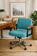 Vintage Mid Century Office Chair – Teal Tweed, Walnut Arms, Swivel Desk Chair