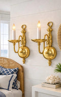 Vintage Polished Brass Candle Sconce Pair – 1980s Traditional Wall Lights
