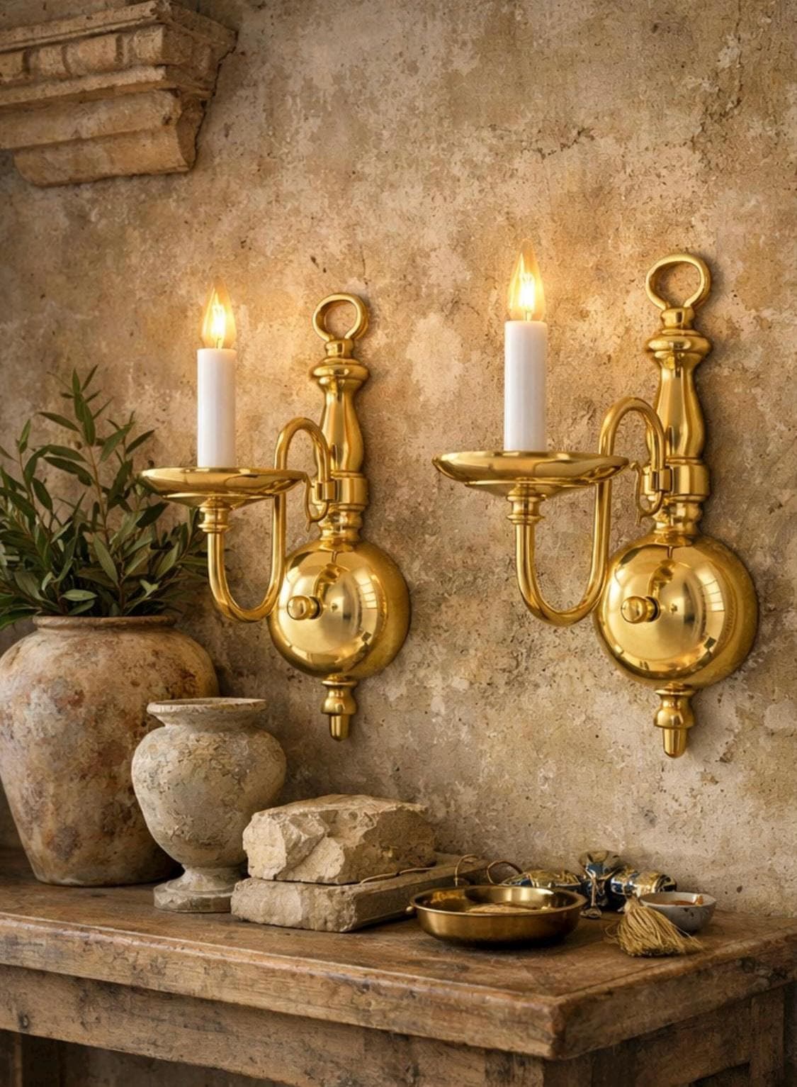 Vintage Polished Brass Candle Sconce Pair – 1980s Traditional Wall Lights