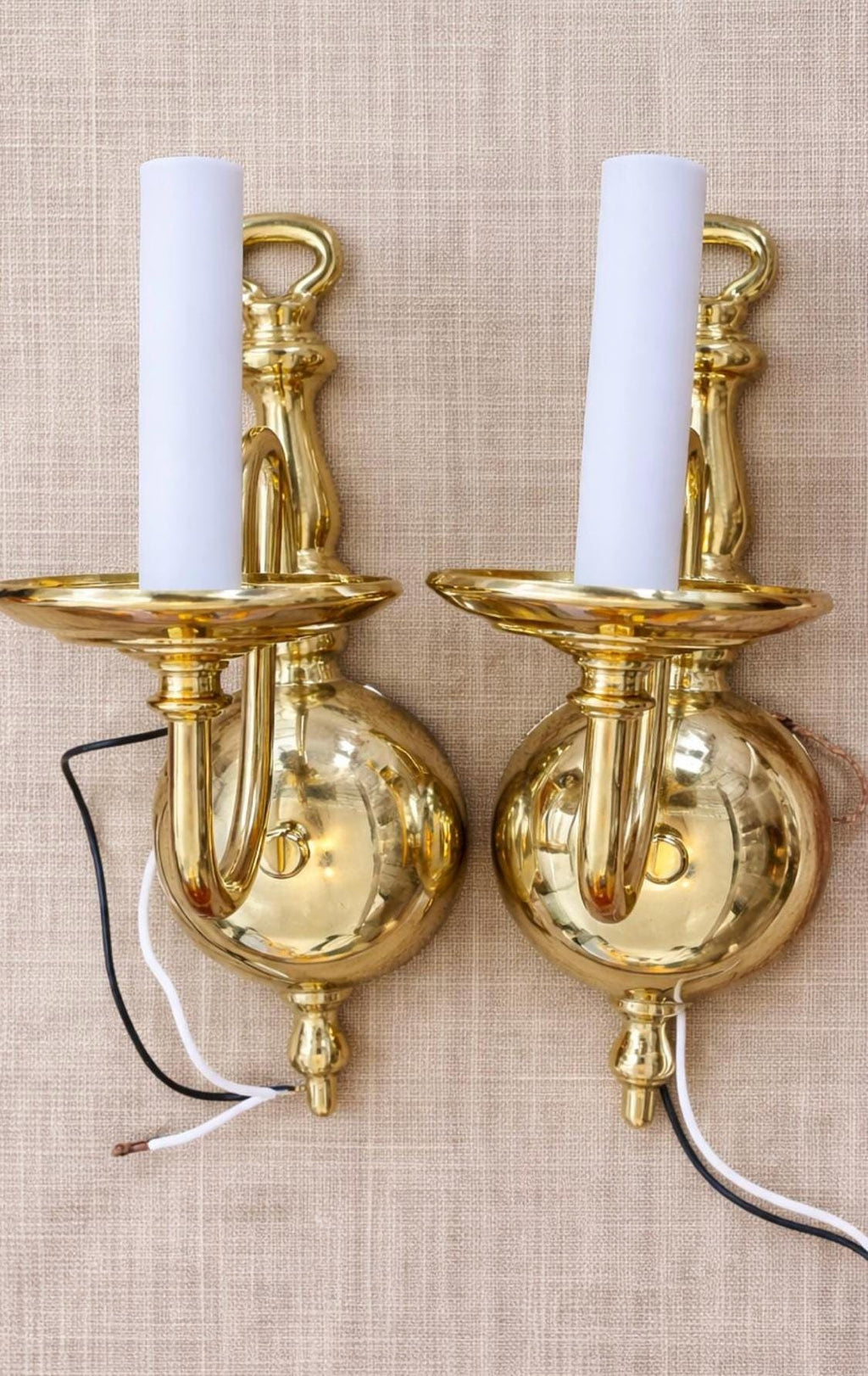 Vintage Polished Brass Candle Sconce Pair – 1980s Traditional Wall Lights