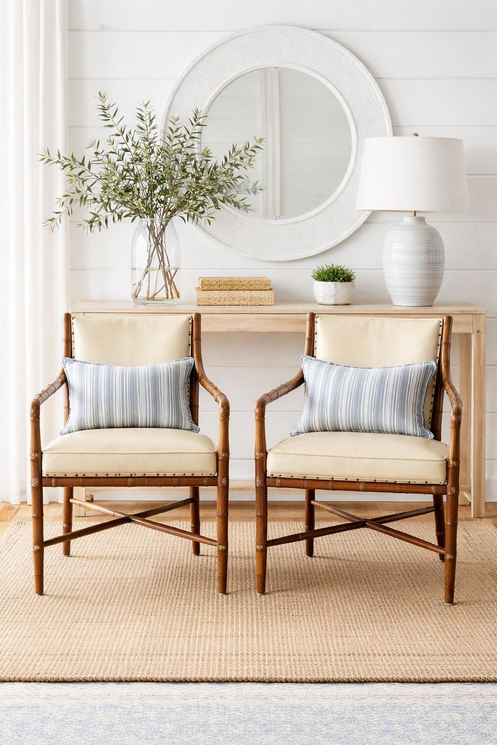 Pair of Hickory Chair Faux Bamboo Campaign Armchairs with Nailhead Trim