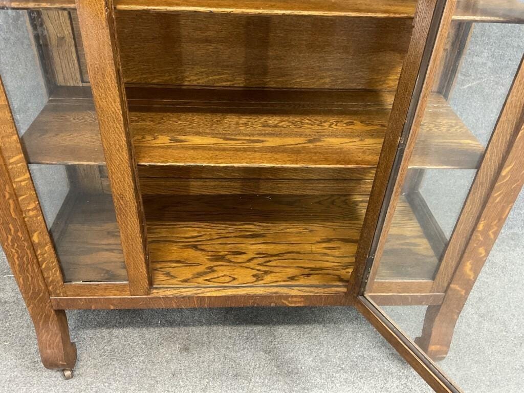 Antique Quarter Sawn Oak Bookcase Cabinet c.1905 Arts & Crafts Glass Display Cabinet Mission Oak Library Cabinet with Glass Sides