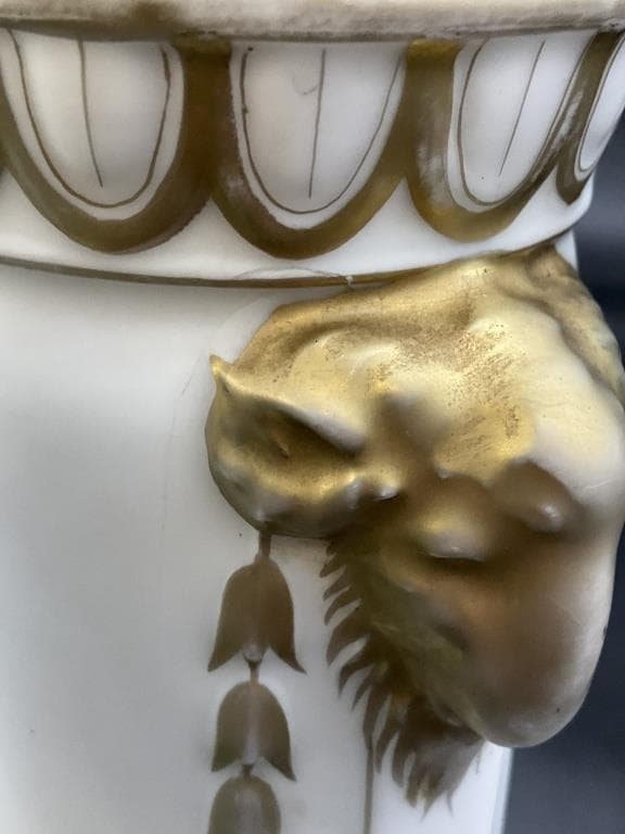 Antique German Art Nouveau Porcelain Vase c.1895 Marmorzellan Jugendstil Lion Head Vase with Gold Decoration
