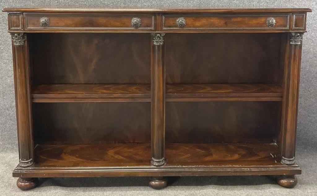 Vintage Theodore Alexander Flame Mahogany Console Bookcase with Drawers, Neoclassical Column Shelving Unit, Vintage Luxury Storage Cabinet