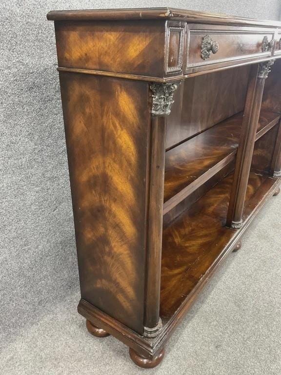 Vintage Theodore Alexander Flame Mahogany Console Bookcase with Drawers, Neoclassical Column Shelving Unit, Vintage Luxury Storage Cabinet