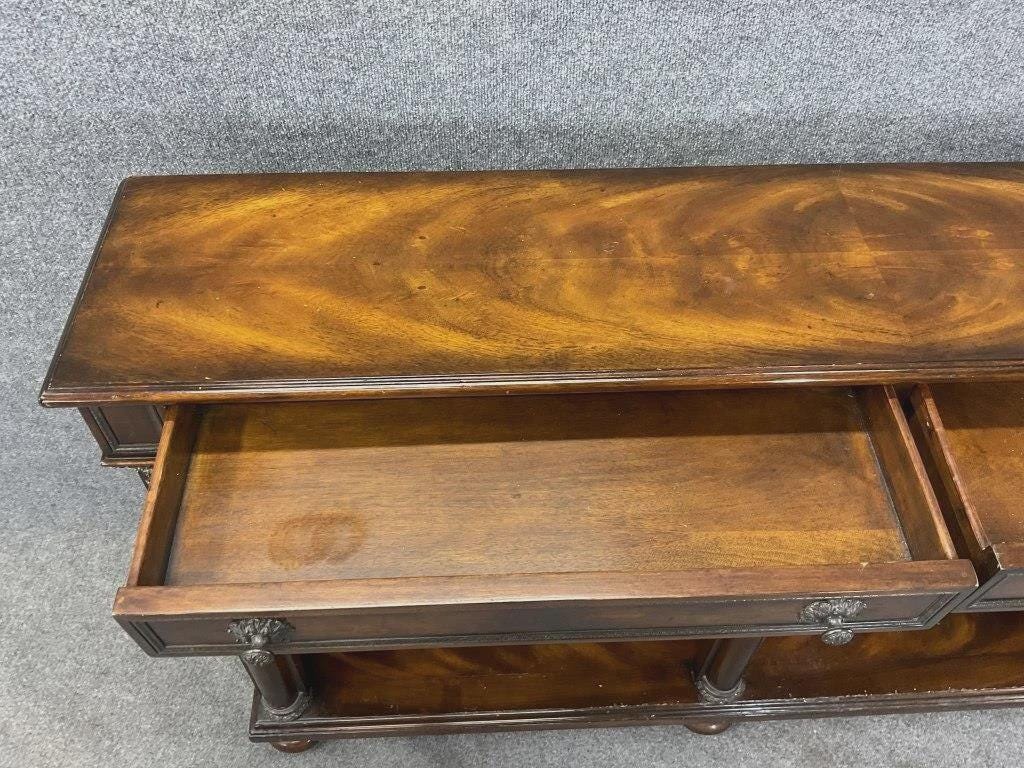 Vintage Theodore Alexander Flame Mahogany Console Bookcase with Drawers, Neoclassical Column Shelving Unit, Vintage Luxury Storage Cabinet