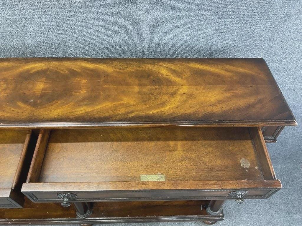 Vintage Theodore Alexander Flame Mahogany Console Bookcase with Drawers, Neoclassical Column Shelving Unit, Vintage Luxury Storage Cabinet