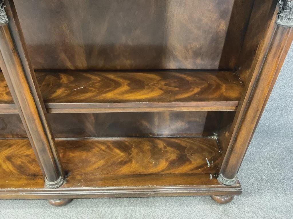Vintage Theodore Alexander Flame Mahogany Console Bookcase with Drawers, Neoclassical Column Shelving Unit, Vintage Luxury Storage Cabinet