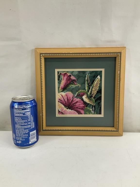 Vintage Framed Hummingbird Needlepoint Art | Botanical Bird Wall Art | Cottage Decor | Grandmillennial Needlepoint