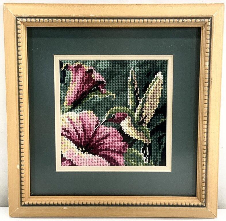 Vintage Framed Hummingbird Needlepoint Art | Botanical Bird Wall Art | Cottage Decor | Grandmillennial Needlepoint