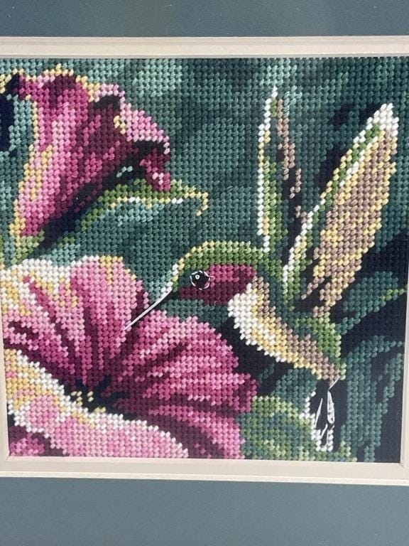 Vintage Framed Hummingbird Needlepoint Art | Botanical Bird Wall Art | Cottage Decor | Grandmillennial Needlepoint