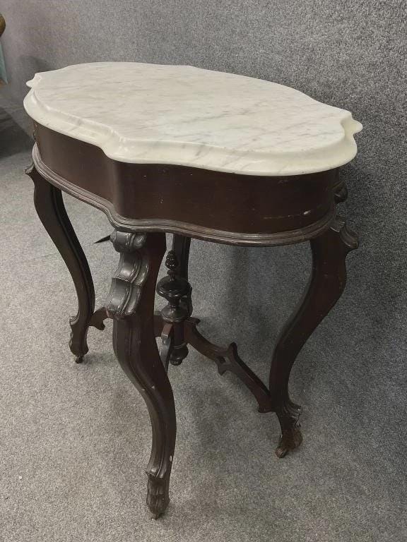Antique Victorian Marble Top Table, Turtle Top Accent Table, Antique Mahogany Console Table, Curved Leg Entry Table