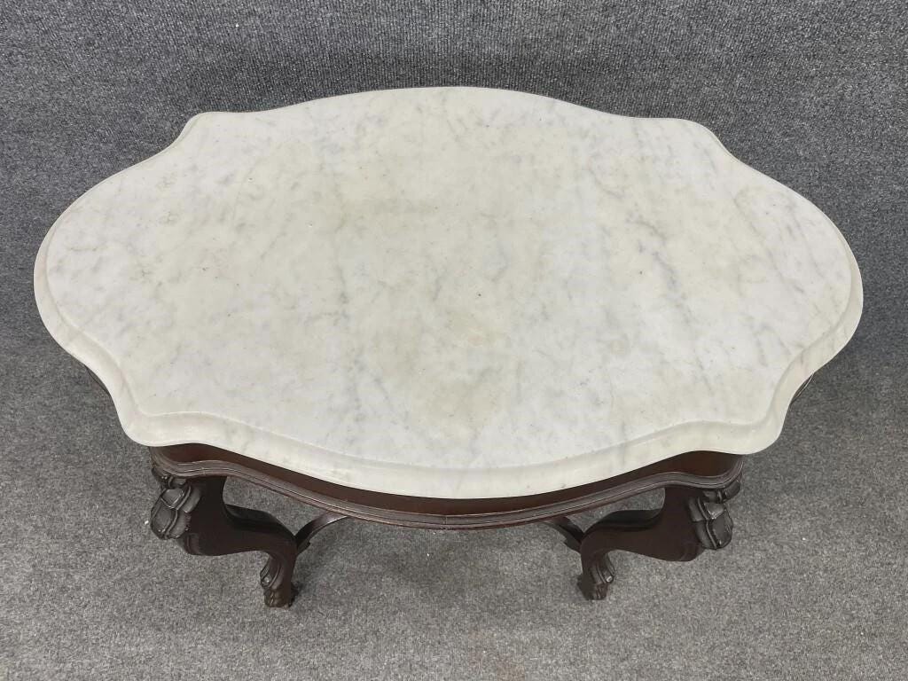 Antique Victorian Marble Top Table, Turtle Top Accent Table, Antique Mahogany Console Table, Curved Leg Entry Table