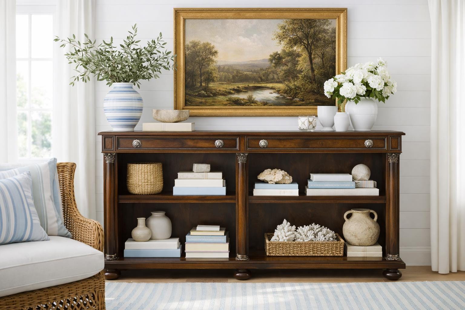 Vintage Theodore Alexander Flame Mahogany Console Bookcase with Drawers, Neoclassical Column Shelving Unit, Vintage Luxury Storage Cabinet