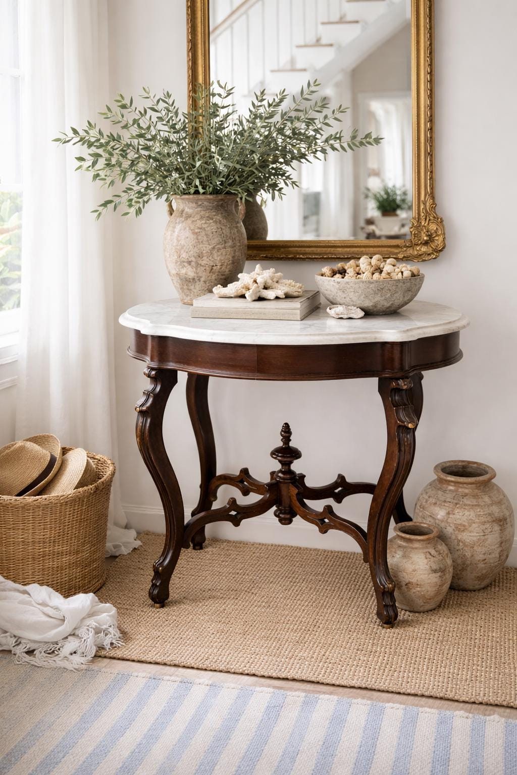 Antique Victorian Marble Top Table, Turtle Top Accent Table, Antique Mahogany Console Table, Curved Leg Entry Table