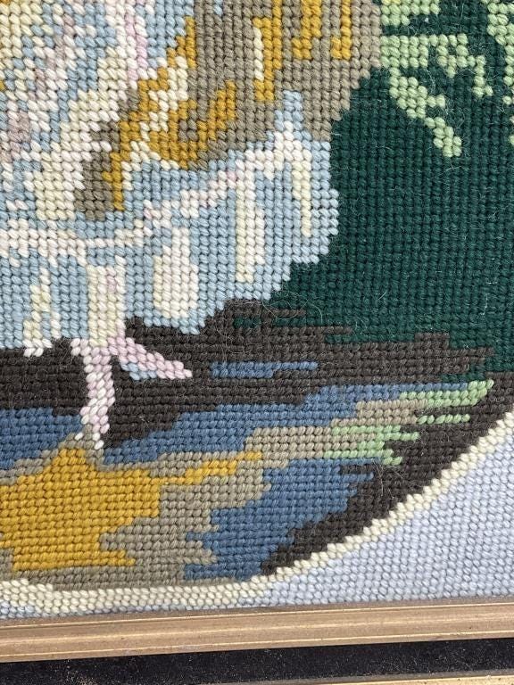 Vintage Needlepoint Framed Art, Romantic Pastoral Lady Scene, Cottagecore Wall Decor, French Country Needlework, Grandmillennial Wall Art