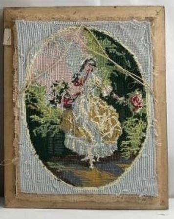 Vintage Needlepoint Framed Art, Romantic Pastoral Lady Scene, Cottagecore Wall Decor, French Country Needlework, Grandmillennial Wall Art