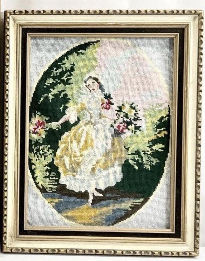 Vintage Needlepoint Framed Art, Romantic Pastoral Lady Scene, Cottagecore Wall Decor, French Country Needlework, Grandmillennial Wall Art