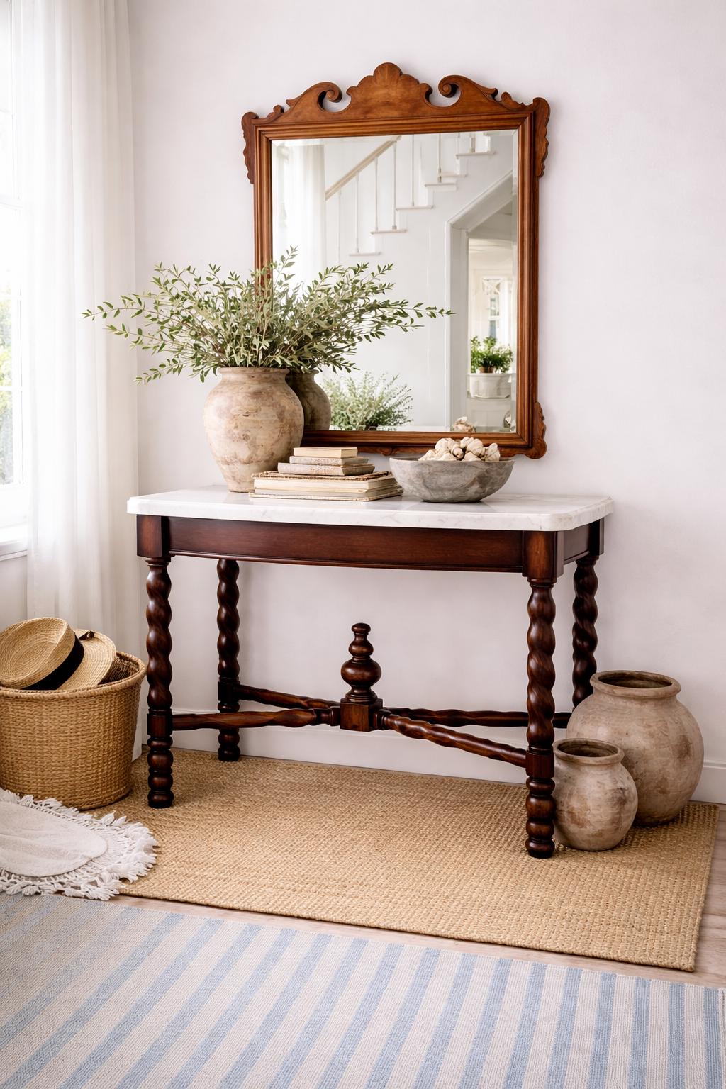 Antique Chippendale Style Mahogany Wall Mirror, Traditional Scroll Pediment Mirror, Antique Style Entryway Mirror