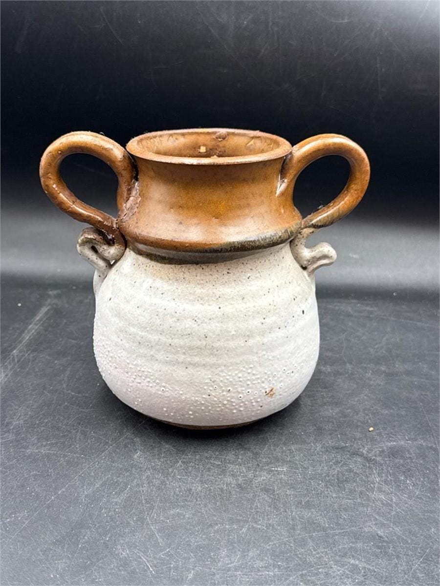 Vintage Studio Pottery Vase, Double Handle Ceramic Vessel, Rustic Neutral Pottery, Wabi Sabi Home Decor, Handmade Stoneware Vase
