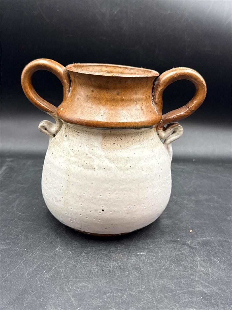 Vintage Studio Pottery Vase, Double Handle Ceramic Vessel, Rustic Neutral Pottery, Wabi Sabi Home Decor, Handmade Stoneware Vase