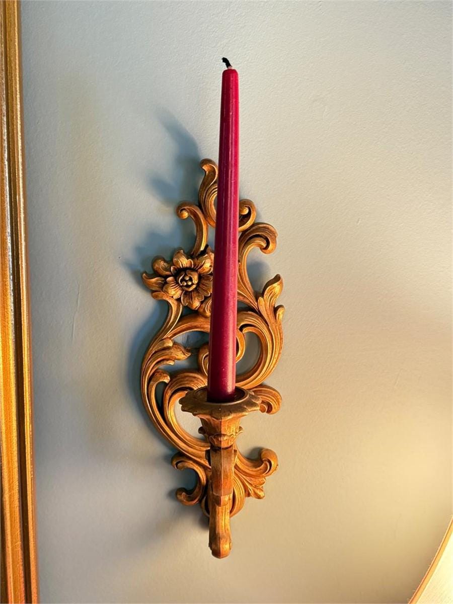 Vintage Syroco Gold Wall Sconces Pair – Hollywood Regency Rococo Candle Holders – Ornate Mid Century Wall Decor