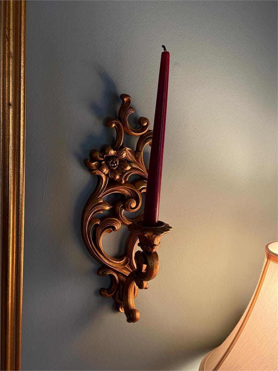 Vintage Syroco Gold Wall Sconces Pair – Hollywood Regency Rococo Candle Holders – Ornate Mid Century Wall Decor