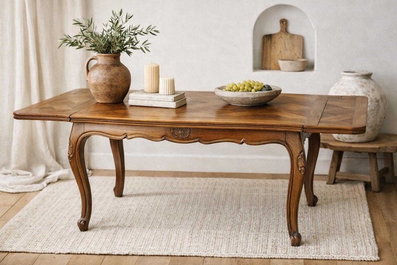 Antique French Provincial Draw Leaf Dining Table | Parquet Oak Extension Table | Louis XV Style Farmhouse Dining Table | Circa 1870
