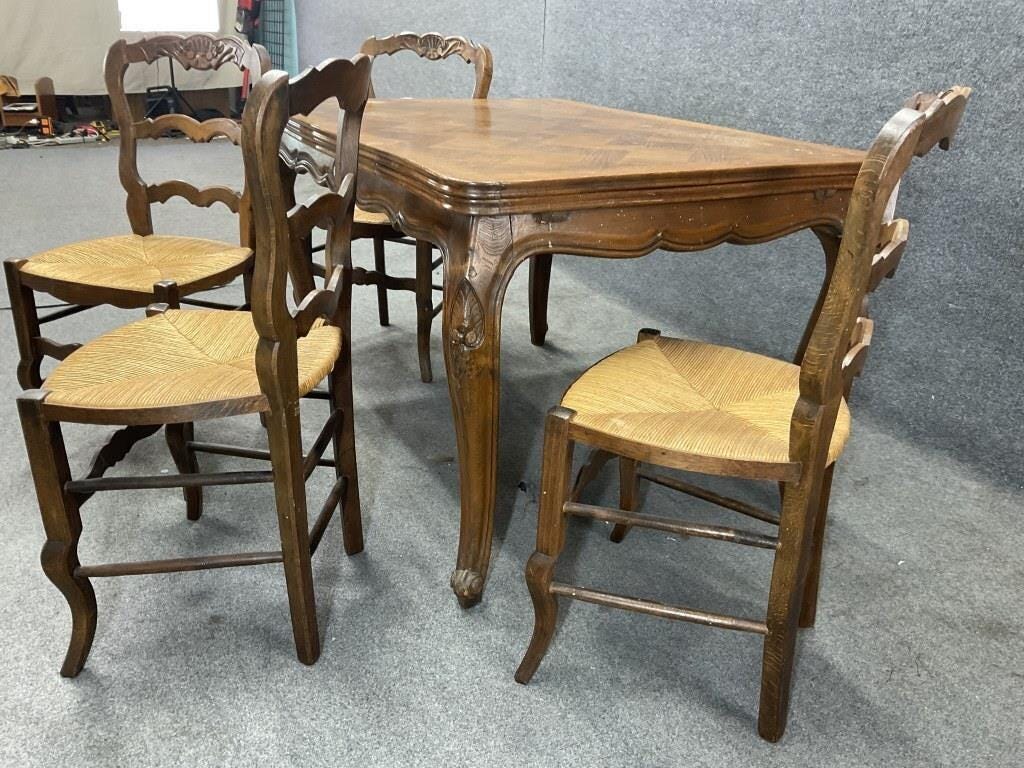 Antique French Provincial Draw Leaf Dining Table | Parquet Oak Extension Table | Louis XV Style Farmhouse Dining Table | Circa 1870