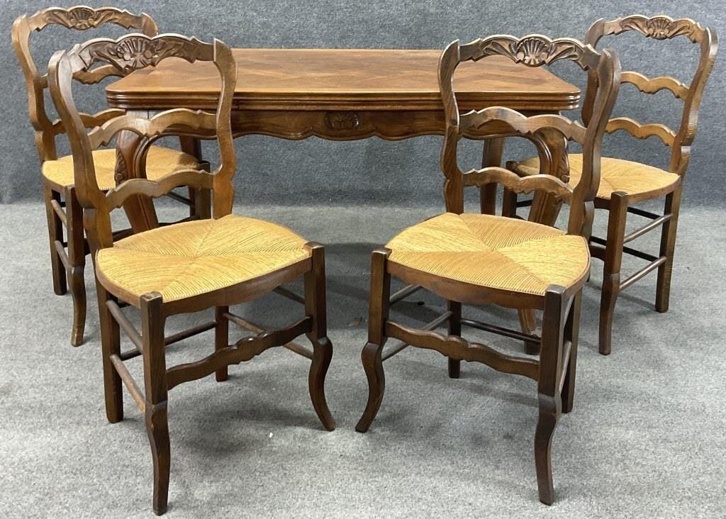 Antique French Provincial Draw Leaf Dining Table | Parquet Oak Extension Table | Louis XV Style Farmhouse Dining Table | Circa 1870