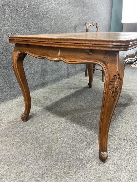 Antique French Provincial Draw Leaf Dining Table | Parquet Oak Extension Table | Louis XV Style Farmhouse Dining Table | Circa 1870