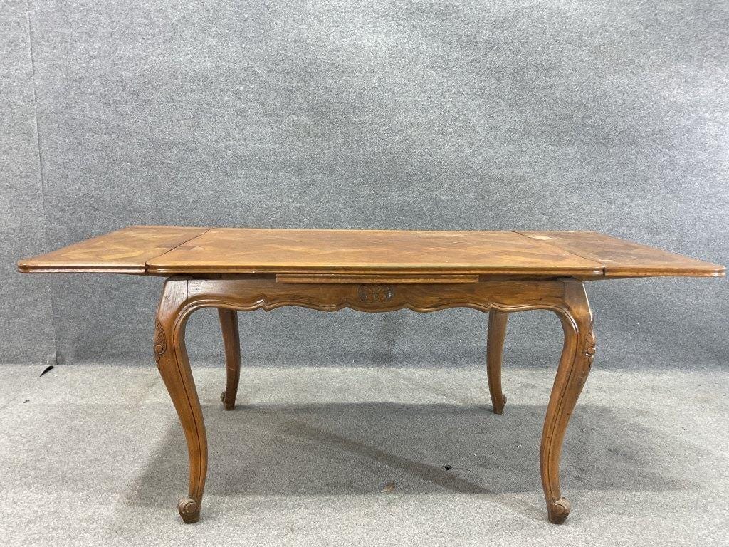 Antique French Provincial Draw Leaf Dining Table | Parquet Oak Extension Table | Louis XV Style Farmhouse Dining Table | Circa 1870