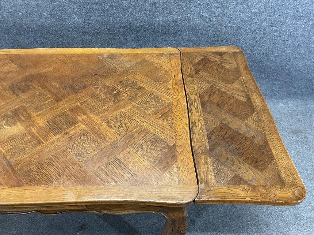 Antique French Provincial Draw Leaf Dining Table | Parquet Oak Extension Table | Louis XV Style Farmhouse Dining Table | Circa 1870