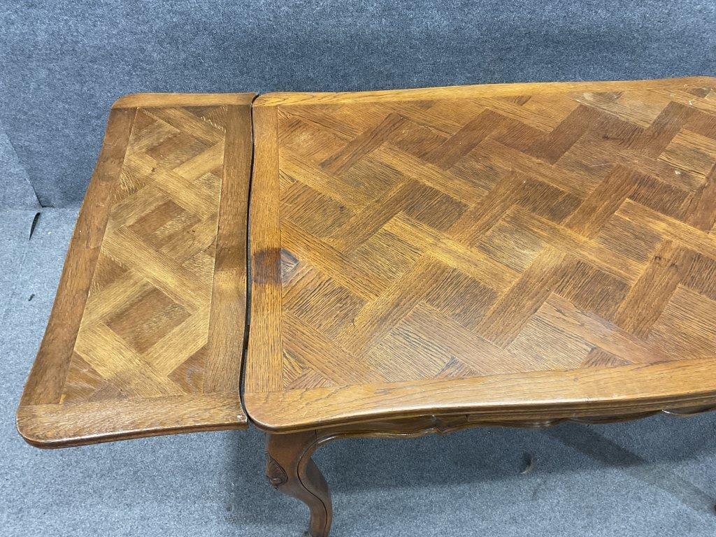Antique French Provincial Draw Leaf Dining Table | Parquet Oak Extension Table | Louis XV Style Farmhouse Dining Table | Circa 1870