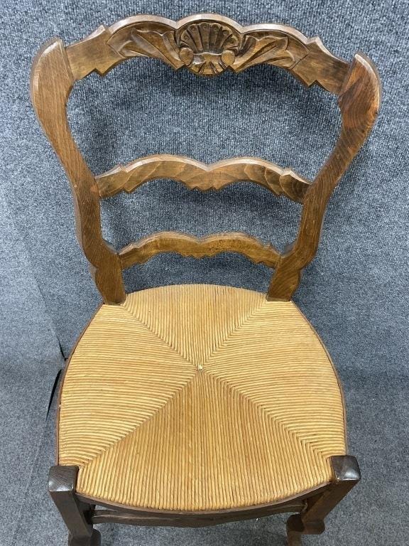 Set of 4 Antique French Provincial Ladderback Dining Chairs | Rush Seat Chairs | Louis XV French Country Dining Chairs