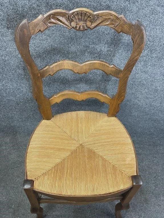 Set of 4 Antique French Provincial Ladderback Dining Chairs | Rush Seat Chairs | Louis XV French Country Dining Chairs