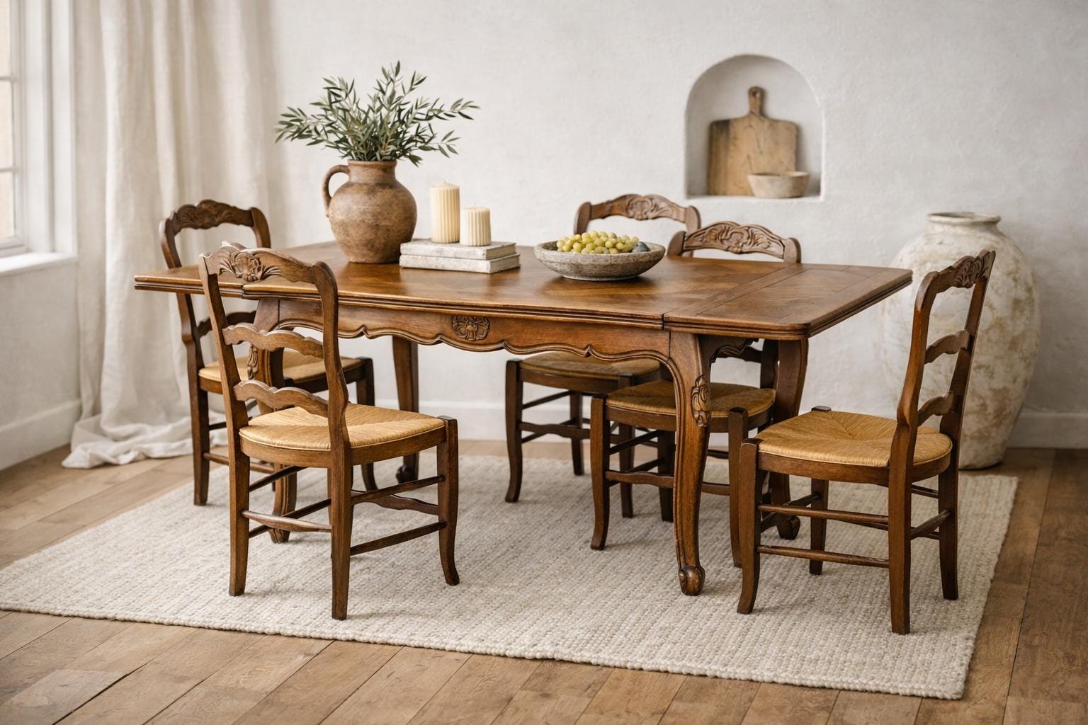 Set of 4 Antique French Provincial Ladderback Dining Chairs | Rush Seat Chairs | Louis XV French Country Dining Chairs